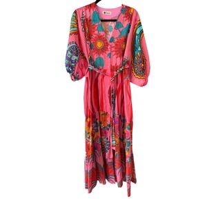 Karavan Pink Psychedelic Floral Paisley Tiered Maxi Dress Button Front Boho L/XL